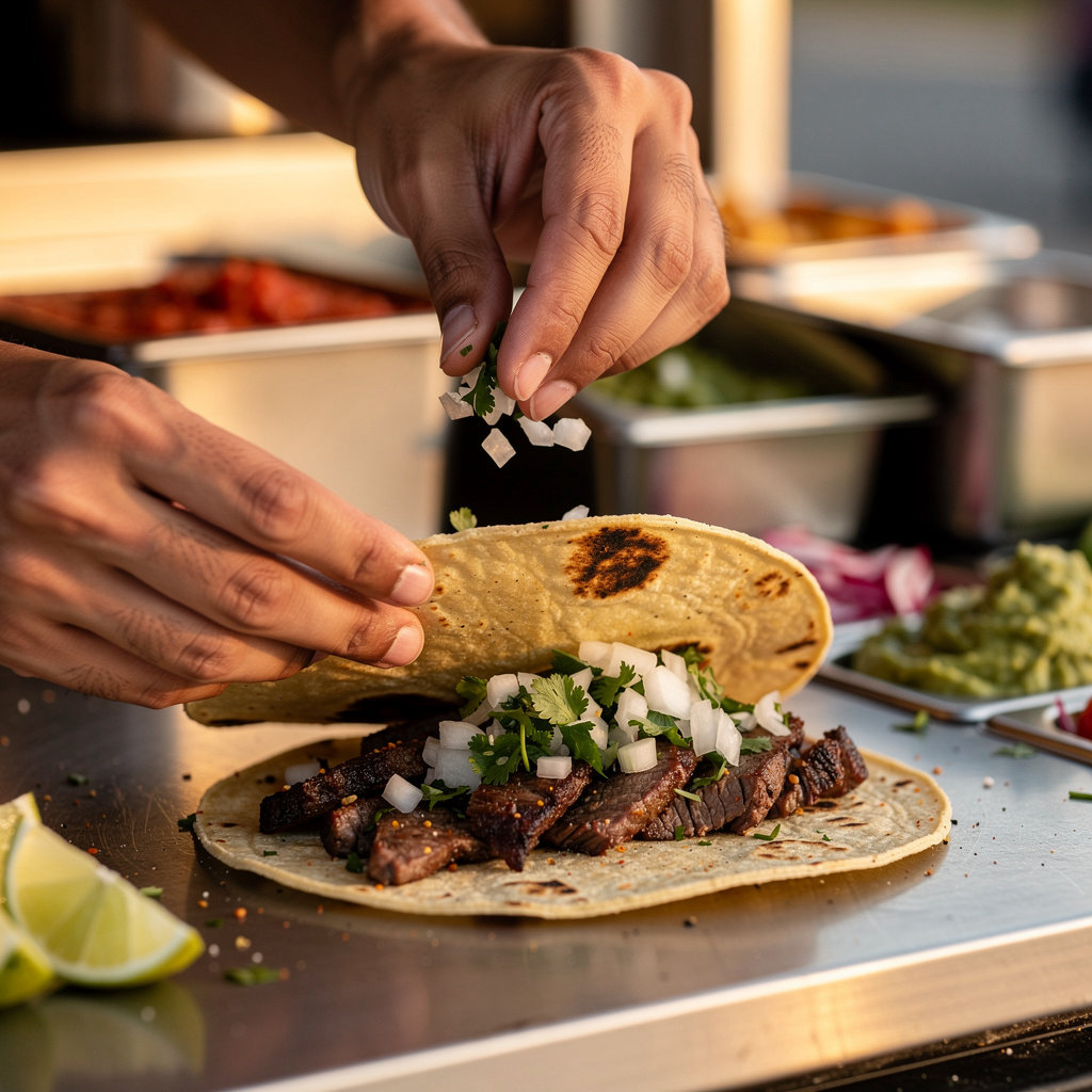 Don Paco's Taco Truck authentic Mexican street food including sizzling carne asada tacos and fresh garnishes in Santa Barbara
